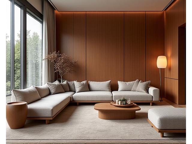 Interieur van een moderne woning met stijlvolle houten wandpanelen en meubels