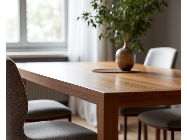 Op maat ontworpen houten eettafel met strakke afwerking en comfortabele stoelen